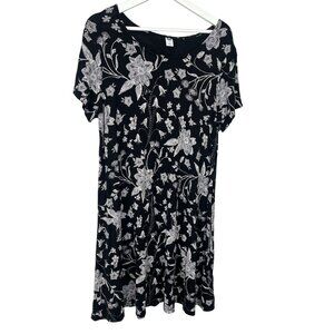 Old Navy Black Floral A-Line T-Shirt Dress Womens Large Short Sleeve